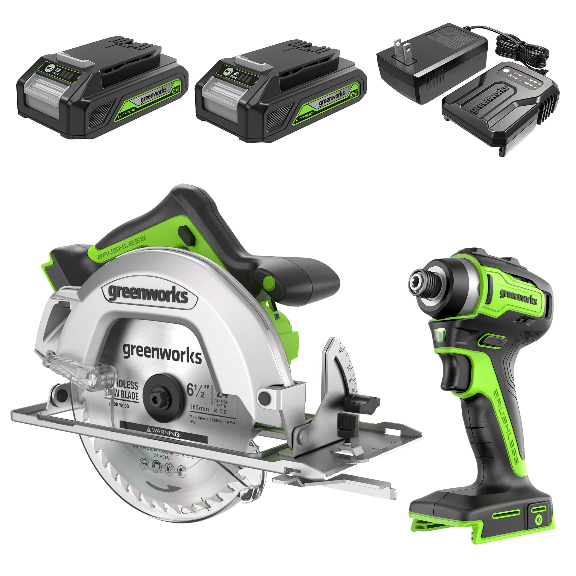 24V Brushless Impact Driver & 7-1/4'' Circular Saw Combo Kit w/ (2) 2.0Ah Batteries & Charger