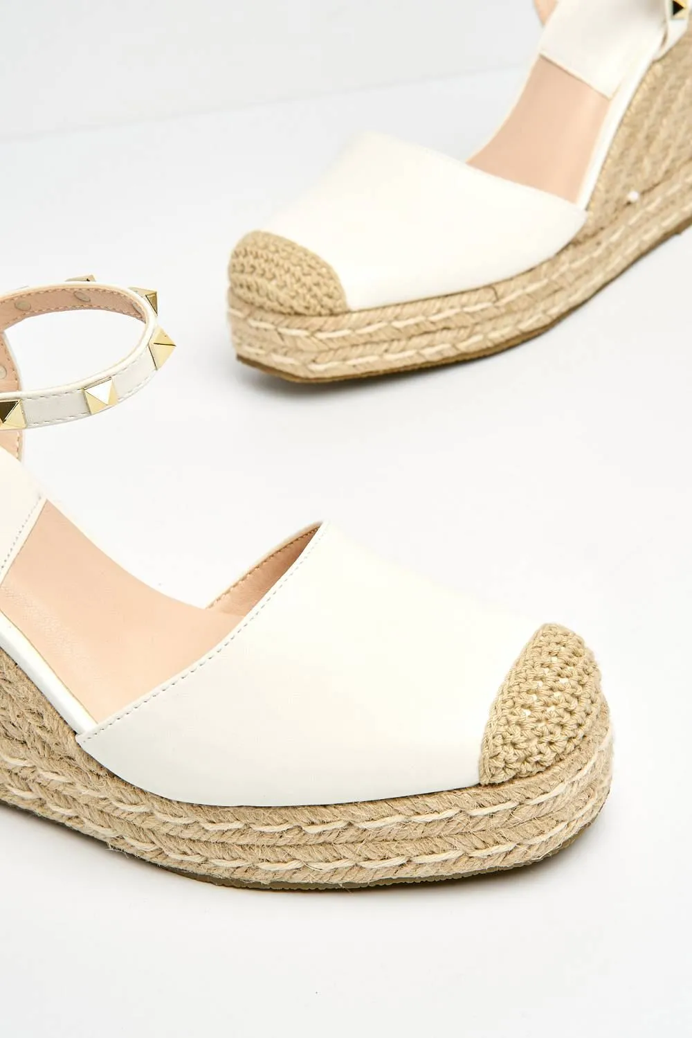 Alala Round Toe Studded Anklestrap Espadrille Wedge in White