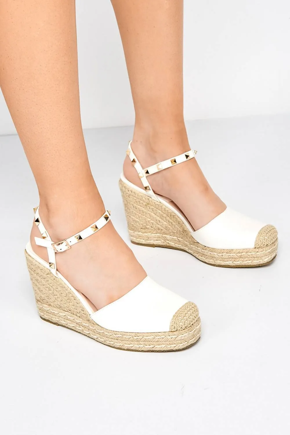 Alala Round Toe Studded Anklestrap Espadrille Wedge in White