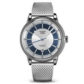 Aviator Silver Mesh Men's Automatic Swiss Made Watch - V33202735