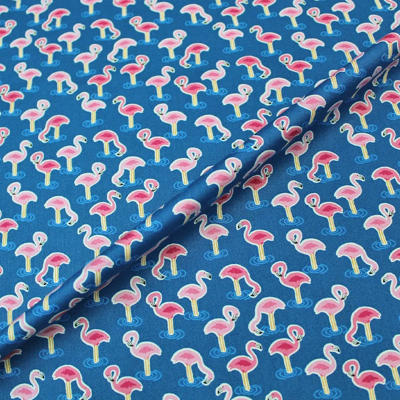 Bird Printed Cotton - Blue - Flamboyance of Flamingoes