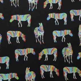 Black 100% Cotton Poplin - Multi Coloured Zebras