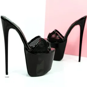 Black Gloss Fishnet High Heel Mules