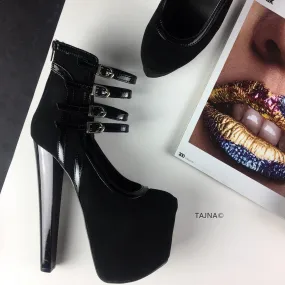 Black Suede Four Belted Ankle Platforms