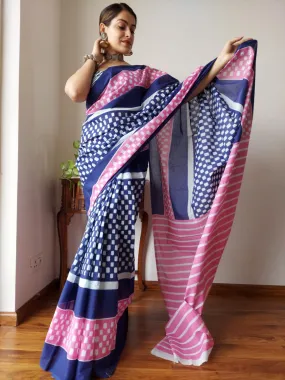 Blue And Pink Cotton Saree