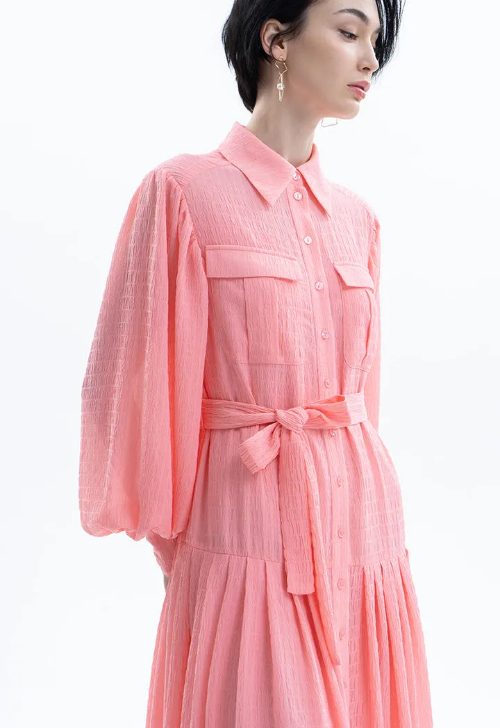 Crinkled Self Belt Solid Shirt Dress