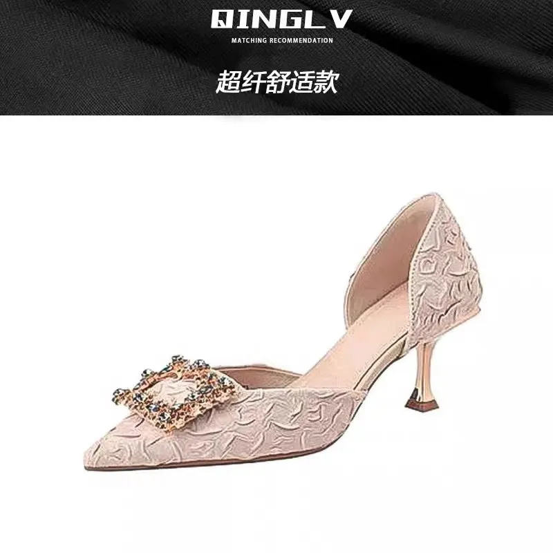 DEANWANGK  Stiletto Hollow  Summer New Sexy Dignified Rhinestone Square Buckle Low-Cut Pointed 6cm High Heels