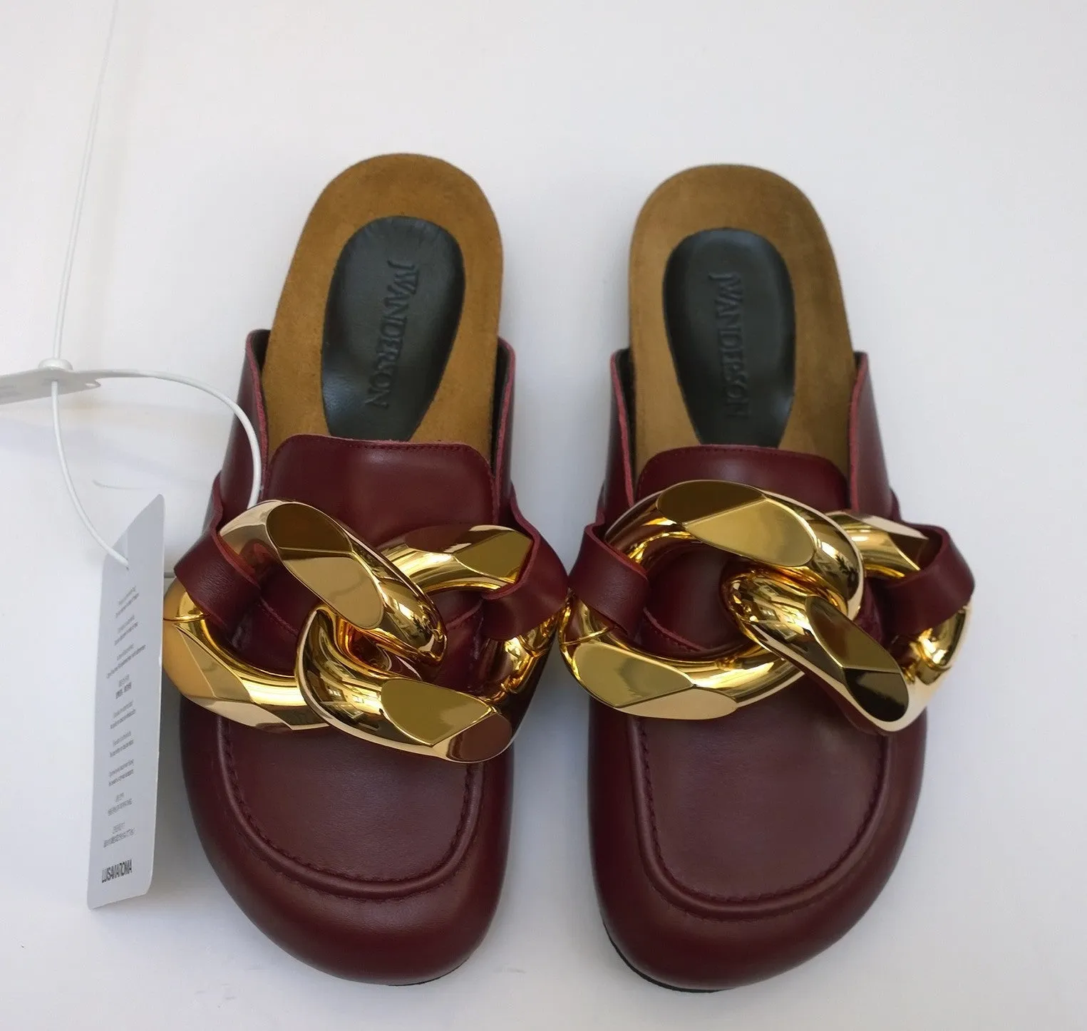 JW Anderson Oversized Chain Slides in Bordeaux Burgundy Leather Loafers Flat Shoes