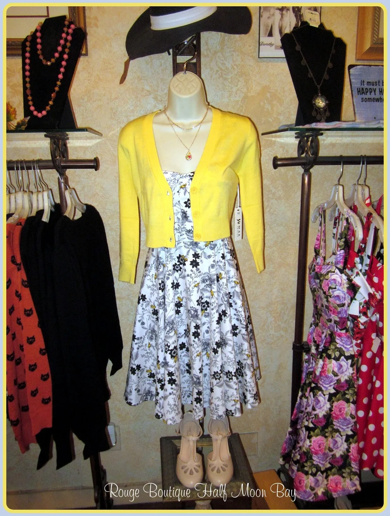 Retro bumble bee print tie-back Hostess dress