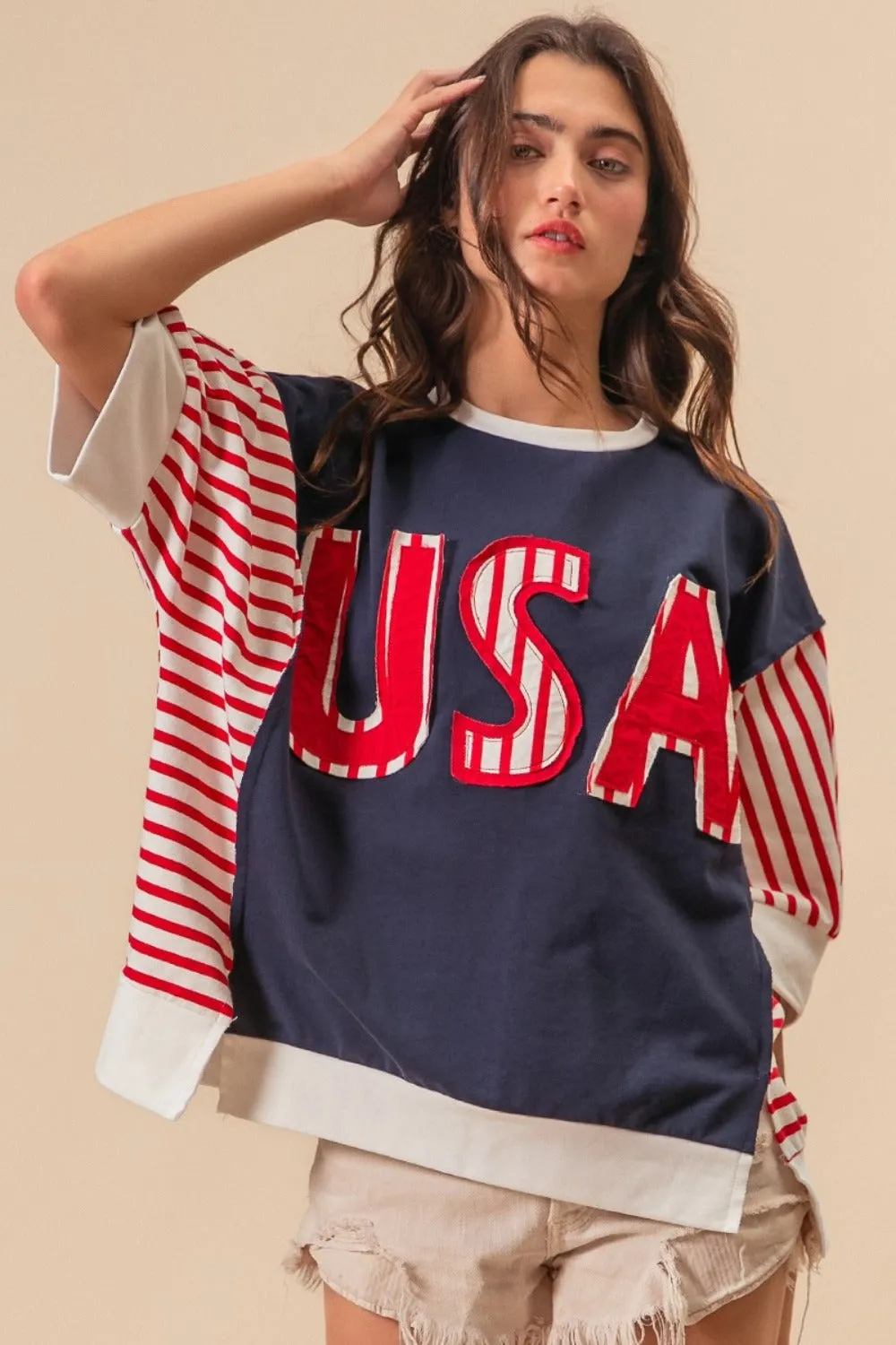 USA Letter Patchwork Short Sleeve T-Shirt