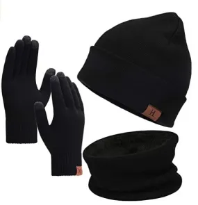 Winter Beanie Hat Scarf Touchscreen Gloves neck warmer Set Black, Soft Skull Cap Gloves Set for Men and Women with Warm Knit Fleece Lined